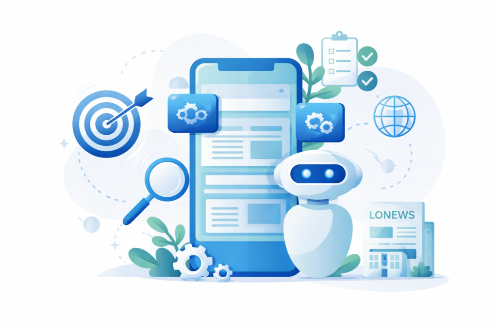 Minimalistische Illustration mit Smartphone, Roboter und SEO-Symbolen wie Zielscheibe, Lupe und Checkliste. Symbolisiert GEO Strategie und Sichtbarkeit in KI Antworten.