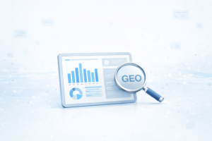 Minimalistische Grafik eines GEO Checks mit Tablet, Diagrammen und Lupe zur Analyse der Sichtbarkeit einer Website in KI-Systemen.