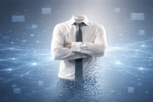 Geschäftsperson ohne Kopf mit verschränkten Armen als Symbol dafür, dass viele Unternehmen für KI-Systeme unsichtbar bleiben.