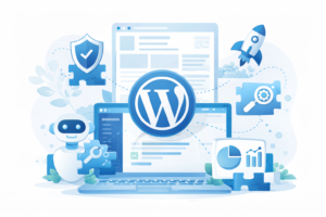 Minimalistische Illustration mit WordPress Symbol, Plugin Bausteinen und Website Elementen, die empfohlene WordPress Plugins für Performance und SEO darstellen.