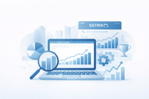 Minimalistische Illustration mit Laptop, SEO Diagrammen, Lupe und Analyse Symbolen. Visualisiert SEO Analyse und Sichtbarkeitsmessung mit Tools wie Sistrix.