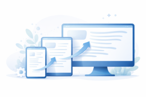 Minimalistische Illustration mit verschiedenen Bildschirmgrößen wie Smartphone, Tablet und Desktop, auf denen sich Textgrößen flexibel anpassen.