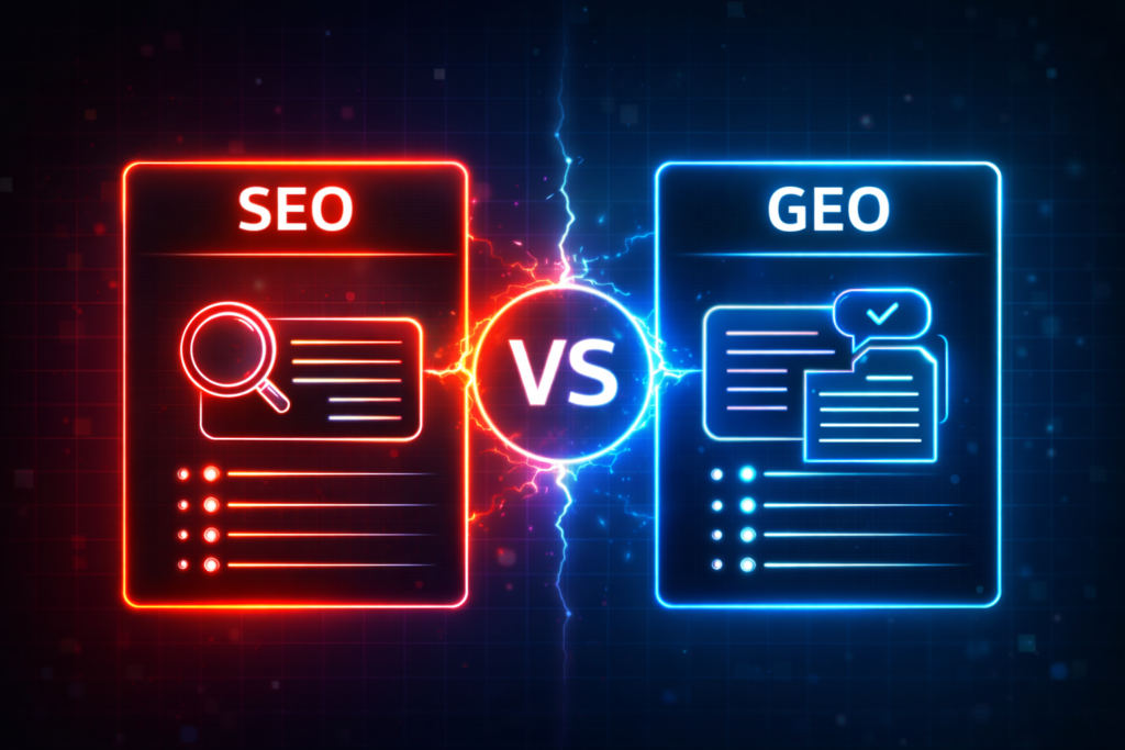 Grafische Gegenüberstellung von SEO und GEO mit zwei neonfarbenen Panels. Links wird SEO mit Suchsymbol und Ranking Darstellung gezeigt, rechts GEO mit KI Antwortsymbol und strukturierter Inhalt, getrennt durch ein zentrales „VS“.
