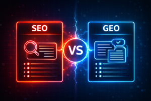 Grafische Gegenüberstellung von SEO und GEO mit zwei neonfarbenen Panels. Links wird SEO mit Suchsymbol und Ranking Darstellung gezeigt, rechts GEO mit KI Antwortsymbol und strukturierter Inhalt, getrennt durch ein zentrales „VS“.