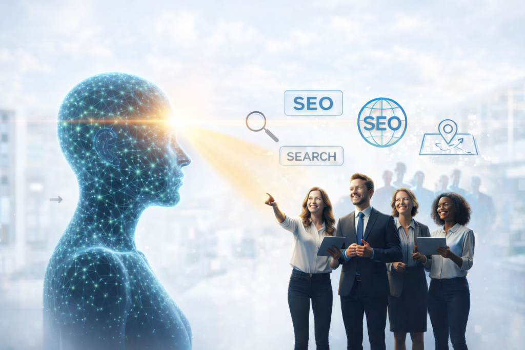Helles digitales Motiv mit holografischem KI Kopf, der Lichtstrahl auf ein Business Team richtet, umgeben von SEO und Such Symbolen, symbolisiert bessere Online Sichtbarkeit durch künstliche Intelligenz.