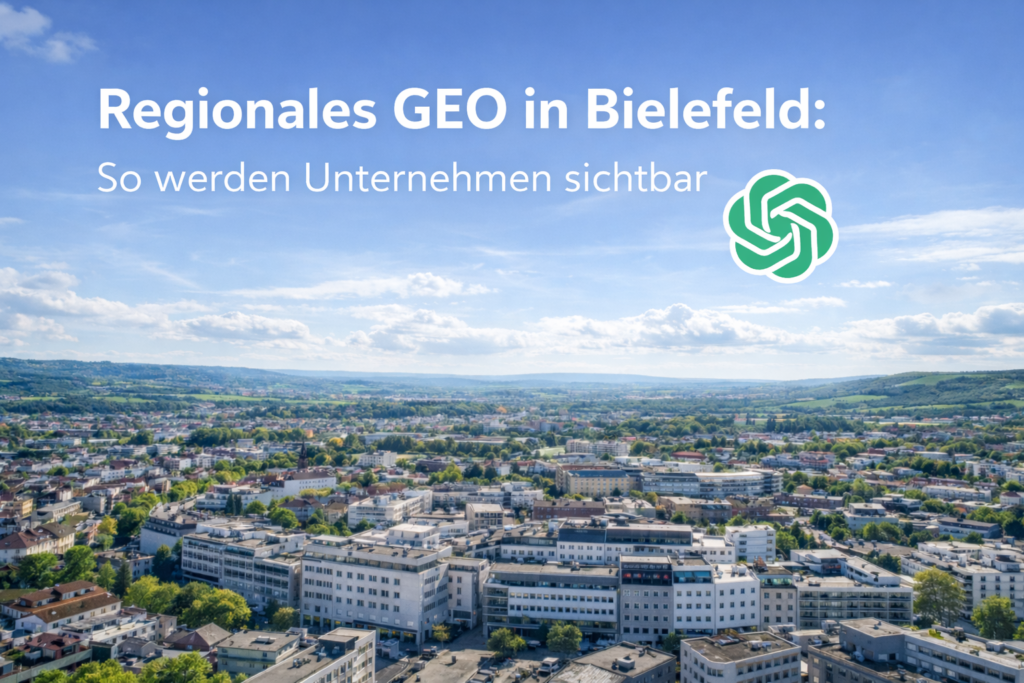 Luftaufnahme von Bielefeld mit moderner Skyline und farbigem KI Symbol in der Mitte, dazu der Schriftzug „GEO in Bielefeld – Regionale Sichtbarkeit in KI Antworten sichern“, symbolisiert Generative Engine Optimization für Unternehmen in der Region.