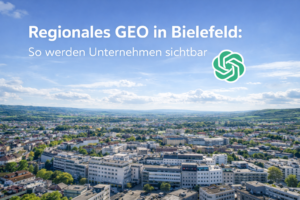 Luftaufnahme von Bielefeld mit moderner Skyline und farbigem KI Symbol in der Mitte, dazu der Schriftzug „GEO in Bielefeld – Regionale Sichtbarkeit in KI Antworten sichern“, symbolisiert Generative Engine Optimization für Unternehmen in der Region.