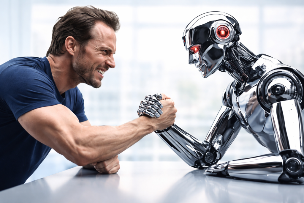 Helles Motiv mit einem Mann und einem humanoiden Roboter beim Armdrücken an einem Tisch, symbolisiert den Wettbewerb zwischen Mensch und künstlicher Intelligenz im digitalen Marketing und bei Online Sichtbarkeit.