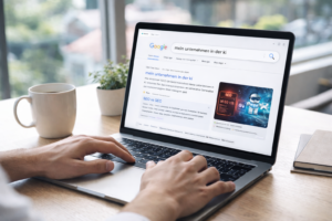 Person sucht auf einem Laptop bei Google nach „mein Unternehmen in der KI“, während auf dem Bildschirm Suchergebnisse zu KI-Sichtbarkeit und SEO angezeigt werden.