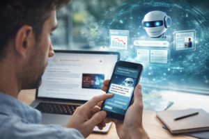 Person stellt eine Frage an eine KI auf dem Smartphone, während im Hintergrund ein Laptop geöffnet ist und digitale Suchergebnisse dargestellt werden.