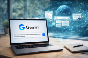 Laptop zeigt eine Suche nach „Wie kann ich mein Unternehmen für Gemini sichtbar machen?“ mit Darstellung von KI-Suchergebnissen und digitalen Datenverbindungen.